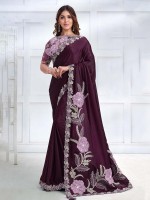 Dark Plum Crepe Satin Silk Saree